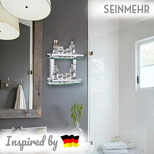 Comfecto 2 Tier Bathroom Glass Shelves, Wall Mounted Tempered Glass Shelf Organizer Storage Holder with 14 Inch Rectangular Glass 8mm Thick, and Aluminum Rail for Shower Lavatory, Hardware Included