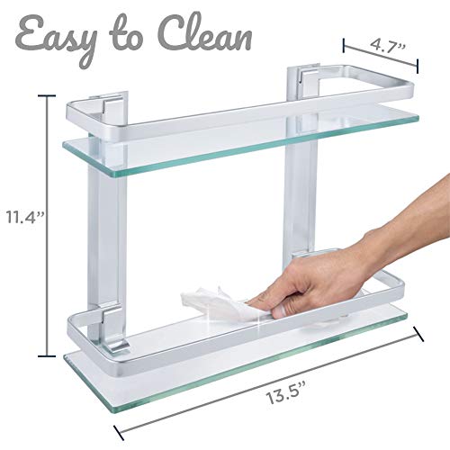 Comfecto 2 Tier Bathroom Glass Shelves, Wall Mounted Tempered Glass Shelf Organizer Storage Holder with 14 Inch Rectangular Glass 8mm Thick, and Aluminum Rail for Shower Lavatory, Hardware Included