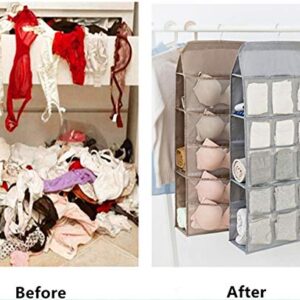 LCXEGO Dual Side Closet Hanging Organizer,3 Shelf Hanging Closet Organizer with Rotating Hanger and Mesh Pocket Bra Underwear Socks Towel Handbag Storage Oxford Bags (3+5+15Pockets,Beige)