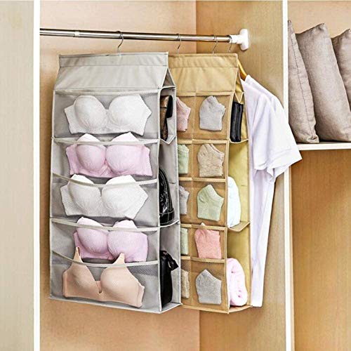 LCXEGO Dual Side Closet Hanging Organizer,3 Shelf Hanging Closet Organizer with Rotating Hanger and Mesh Pocket Bra Underwear Socks Towel Handbag Storage Oxford Bags (3+5+15Pockets,Beige)