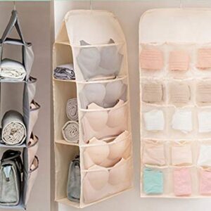 LCXEGO Dual Side Closet Hanging Organizer,3 Shelf Hanging Closet Organizer with Rotating Hanger and Mesh Pocket Bra Underwear Socks Towel Handbag Storage Oxford Bags (3+5+15Pockets,Beige)