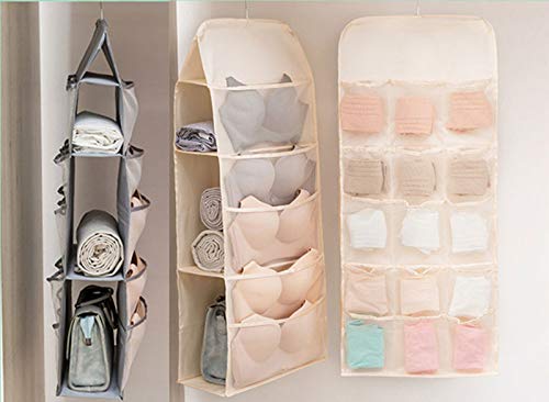 LCXEGO Dual Side Closet Hanging Organizer,3 Shelf Hanging Closet Organizer with Rotating Hanger and Mesh Pocket Bra Underwear Socks Towel Handbag Storage Oxford Bags (3+5+15Pockets,Beige)