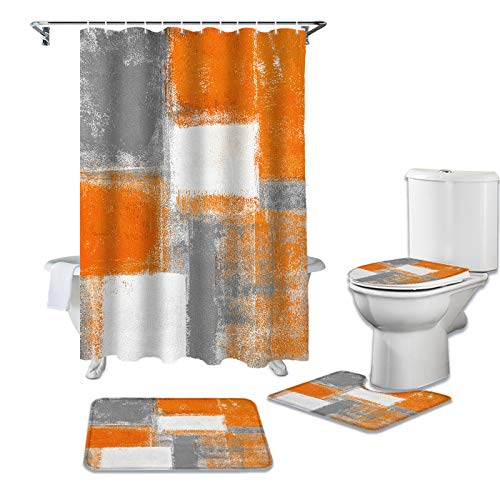 Houseown 4Pcs Chic Ombre Shabby Shower Curtain Sets Bathroom Decor, Orange Grey Retro Texture Bathroom Shower Curtain Set with U Shaped Non-Slip Rugs and Fabric Polyester Accessories