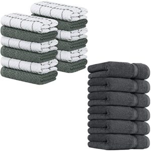 utopia towels bundle of 18 kitchen and premium hand towels – pack of 12 dish towels, 15”x25” (grey & white) – 600 gsm extra large grey hand towels, 16”x28” – ring spun cotton & super soft