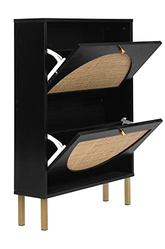 Pvillez Natural Rattan Shoe Cabinet, Modern Free Standing Shoe Racks Storage Cabinet with 2 Flip Drawers and Storage Shelves, Narrow Shoe Rack Cabinet for Entryway, Hallway, Bedroom, Black