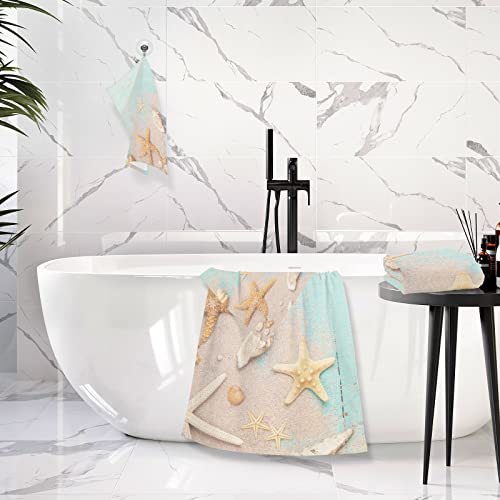 Starfishes Seashells Sand Summer Bath Towel Set Cotton Bath Towels for Bathroom Decorative Bath Towels 1 Bath Towel 1 Washcloth Soft Absorbent Face Towels for Bathroom Hotel Gym