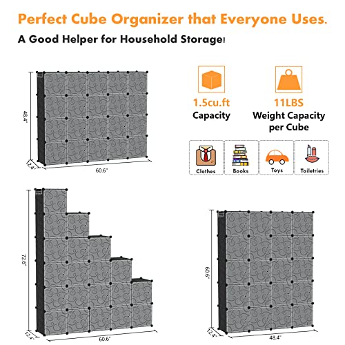 C&AHOME Cube Storage Organizer, 20-Cube Storage Shelving with Doors, Modular Book Shelf, Plastic Shelves Organizing Units, Ideal for Bedroom Living Room 48.4" L × 12.4" W × 60.6" H Black SHS3020B-DOOR