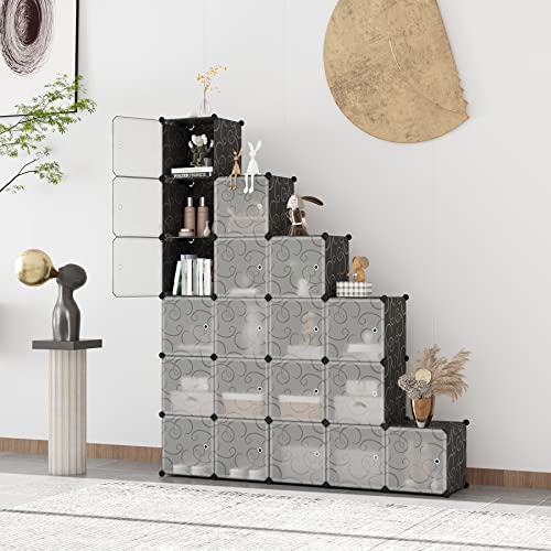 C&AHOME Cube Storage Organizer, 20-Cube Storage Shelving with Doors, Modular Book Shelf, Plastic Shelves Organizing Units, Ideal for Bedroom Living Room 48.4" L × 12.4" W × 60.6" H Black SHS3020B-DOOR