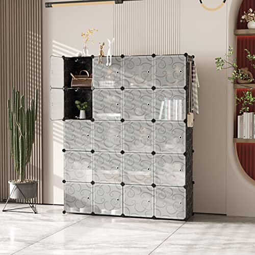 C&AHOME Cube Storage Organizer, 20-Cube Storage Shelving with Doors, Modular Book Shelf, Plastic Shelves Organizing Units, Ideal for Bedroom Living Room 48.4" L × 12.4" W × 60.6" H Black SHS3020B-DOOR