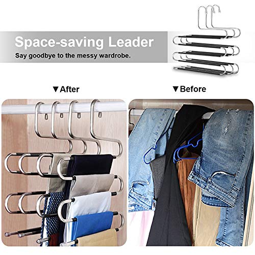 T-rainbow Non-Slip Space Saving Pants Hangers, S-Shaped Stainless Steel Closet Organizer, 5 Layers Multi-Purpose Storage Saver, Clothes Hanger Rack for Scarf Tie Jean Trouser Towel 4 Pack