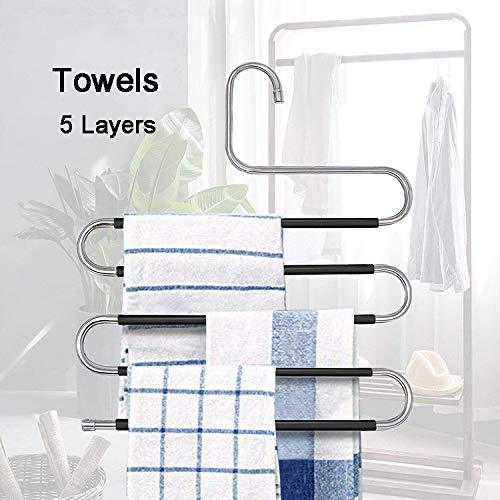 T-rainbow Non-Slip Space Saving Pants Hangers, S-Shaped Stainless Steel Closet Organizer, 5 Layers Multi-Purpose Storage Saver, Clothes Hanger Rack for Scarf Tie Jean Trouser Towel 4 Pack