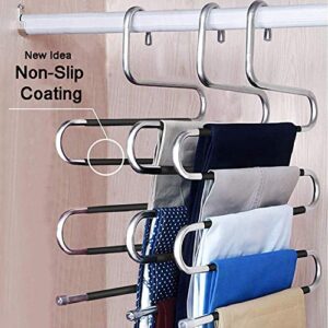 T-rainbow Non-Slip Space Saving Pants Hangers, S-Shaped Stainless Steel Closet Organizer, 5 Layers Multi-Purpose Storage Saver, Clothes Hanger Rack for Scarf Tie Jean Trouser Towel 4 Pack