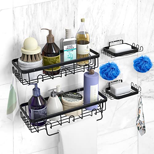 Elscop 4 Pack Shower Caddy Basket Shelf with Soap Holder, No Drilling Traceless Adhesive Shower Wall Shelves, Rustproof Kitchen Bathroom Shower Storage Organizer