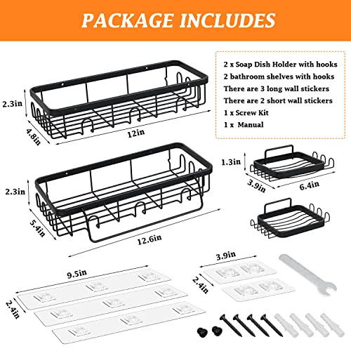 Elscop 4 Pack Shower Caddy Basket Shelf with Soap Holder, No Drilling Traceless Adhesive Shower Wall Shelves, Rustproof Kitchen Bathroom Shower Storage Organizer