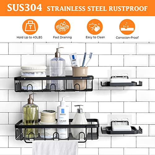 Elscop 4 Pack Shower Caddy Basket Shelf with Soap Holder, No Drilling Traceless Adhesive Shower Wall Shelves, Rustproof Kitchen Bathroom Shower Storage Organizer