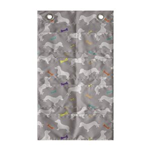 lunarable dachshund hanging pocket organizer, colorful cartoon bones and house pet silhouettes domestic dogs greyscale backdrop, printed polyester storage bag with pockets, 21" x 31", multicolor