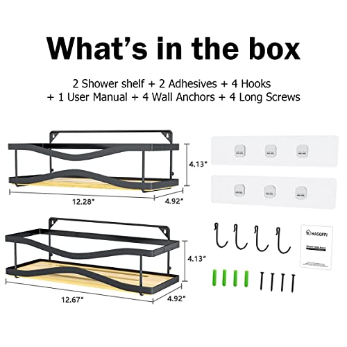 Masoffi Shower Caddy Storage with Hooks, Adhesive Shower Organizer, No Drilling Bamboo Shower Shelf for Inside Shower, 304 Stainless Steel Rustproof Bathroom Shower Rack Basket, 2 Pack Black