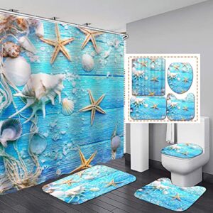 4 pcs nautical bathroom sets with shower curtain and rugs and accessories, ocean beach shower curtain with 12 hooks, durable waterproof fabric shower curtain 72x72inch