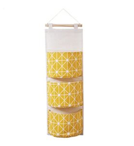 freezh wall hanging storage bag organizer with 3 pockets premium linen fabric over the door organizer, hanging storage pouches foldable closet storage shelves-27*8 inch（yellow）