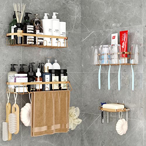 4 Pack Shower Caddy, Shower Organizer with Soap Holder, Bathroom Organizer with Hooks, Shower Shelf Stainless Steel, Shower Rack Adhesive for Bathtub, Kitchen, Rose Gold