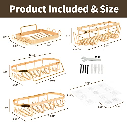 4 Pack Shower Caddy, Shower Organizer with Soap Holder, Bathroom Organizer with Hooks, Shower Shelf Stainless Steel, Shower Rack Adhesive for Bathtub, Kitchen, Rose Gold