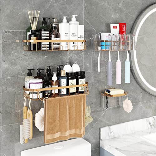 4 Pack Shower Caddy, Shower Organizer with Soap Holder, Bathroom Organizer with Hooks, Shower Shelf Stainless Steel, Shower Rack Adhesive for Bathtub, Kitchen, Rose Gold