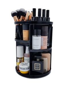 360 rotating makeup organizer, diy adjustable cosmetics carousel spinning holder storage rack, large capacity, eliminates bathroom countertop clutter, black, luxx chicc (black)