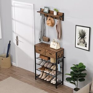 Pvillez 4-Tier Shoe Rack, Entryway Coat Rack Shoe Storage Organizer for Front Door, Entry Table Shoe Hat Racks Shelf Organization Hanger, with Hooks Drawers Entrance Hallway Furniture