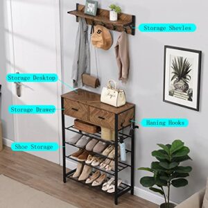 Pvillez 4-Tier Shoe Rack, Entryway Coat Rack Shoe Storage Organizer for Front Door, Entry Table Shoe Hat Racks Shelf Organization Hanger, with Hooks Drawers Entrance Hallway Furniture