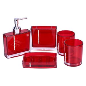 Bathroom Accessory Set, 5Pcs/Set Resin Bathroom Accessory, Modern Bath Decor Set, Including Emulsion Bottle Toothbrush Holder Soap Dish Gargle Cup, Red