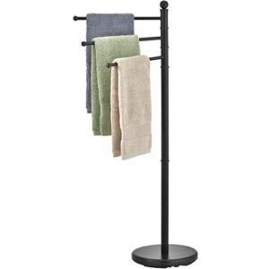 mygift 40 inch freestanding matte black towel rack for bathroom with 3 swivel bar arms, hanging towel holder drying rack