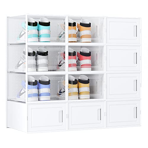 WAYTRIM 12 Pack Stackable Storage Shoe Box Foldable Sneaker Storage Box, Stackable Storage Bins Shoe Container Organizer Sneaker Storage Drawer Fit to Women Size 13, 6 Clean and 6 White Shoe boxes