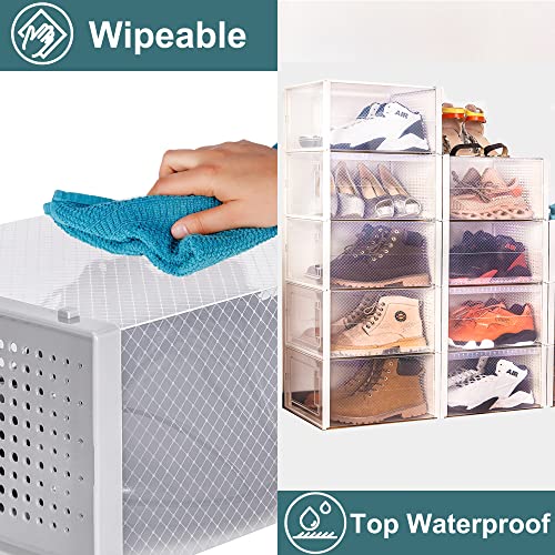 WAYTRIM 12 Pack Stackable Storage Shoe Box Foldable Sneaker Storage Box, Stackable Storage Bins Shoe Container Organizer Sneaker Storage Drawer Fit to Women Size 13, 6 Clean and 6 White Shoe boxes