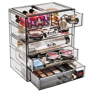 sorbus acrylic clear makeup organizer - big & spacious cosmetic display case - stylish designed jewelry & make up organizers and storage for vanity, bathroom (4 large, 2 small drawers - black jewel)