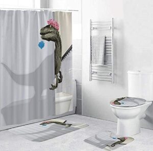 4 pcs funny dinosaur waterproof shower curtain sets interesting cartoon dinosaur bathroom decor with non-slip rugs, toilet lid cover, bath mat and hooks-white green