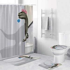 4 Pcs Funny Dinosaur Waterproof Shower Curtain Sets Interesting Cartoon Dinosaur Bathroom Decor with Non-Slip Rugs, Toilet Lid Cover, Bath Mat and Hooks-White Green