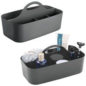 mdesign plastic divided shower organizer basket caddy tote with handle - storage for bathroom or dorm - holds hand soap, shampoo, sponges, scrubs, and body wash - lumiere collection, 2 pack, dark gray