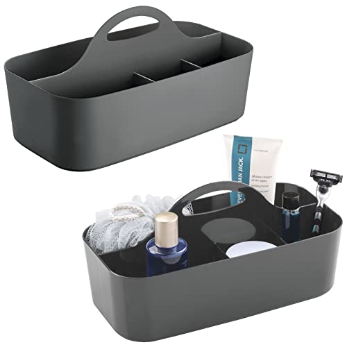 mDesign Plastic Divided Shower Organizer Basket Caddy Tote with Handle - Storage for Bathroom or Dorm - Holds Hand Soap, Shampoo, Sponges, Scrubs, and Body Wash - Lumiere Collection, 2 Pack, Dark Gray