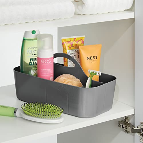 mDesign Plastic Divided Shower Organizer Basket Caddy Tote with Handle - Storage for Bathroom or Dorm - Holds Hand Soap, Shampoo, Sponges, Scrubs, and Body Wash - Lumiere Collection, 2 Pack, Dark Gray