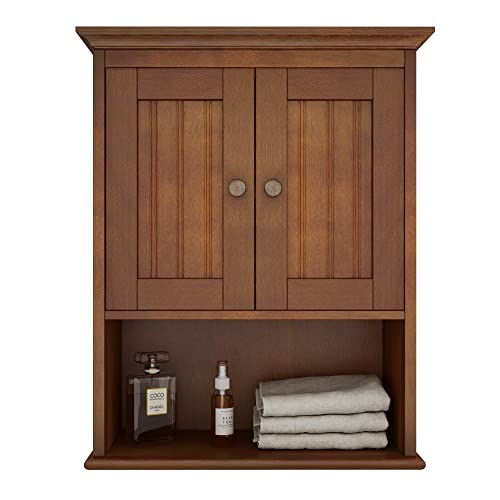 Treocho Wood Wall Cabinet, Bathroom Medicine Cabinet Storage with Doors and Adjustable Shelf, Rustic Cabinet Wall Mounted for Bathroom, Livingroom, Kitchen, Cupboard, Reddish Brown