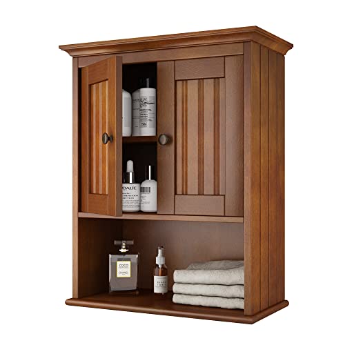 Treocho Wood Wall Cabinet, Bathroom Medicine Cabinet Storage with Doors and Adjustable Shelf, Rustic Cabinet Wall Mounted for Bathroom, Livingroom, Kitchen, Cupboard, Reddish Brown