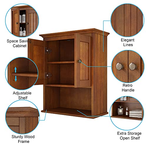 Treocho Wood Wall Cabinet, Bathroom Medicine Cabinet Storage with Doors and Adjustable Shelf, Rustic Cabinet Wall Mounted for Bathroom, Livingroom, Kitchen, Cupboard, Reddish Brown