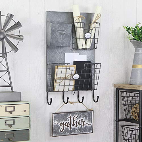 Contemporary Home Living 32.5" Silver Wall Organizer with Storage Slots and Bottom Hooks