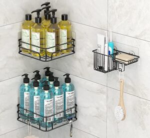 ezfurni shower caddy corner, 3 pack shower organizer corner, rustproof shower shelf for inside shower, strong adhesive shower racks with razor holders, roomy shower storage for bathroom, black