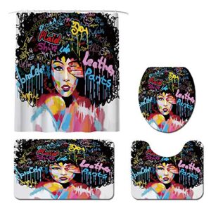 black is beautiful shower curtain sets with non-slip rugs, toilet lid cover and bath mat abstract portrait afro shower curtains with 12 hooks durable waterproof bath curtain