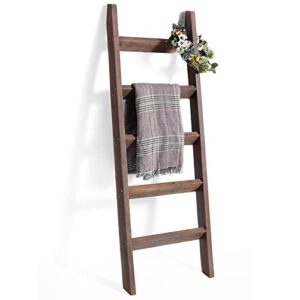 fuin 5 ft (58") wood decorative wall leaning blanket ladders bathroom storage quilt towel display rack shelf holder rustic farmhouse, brown