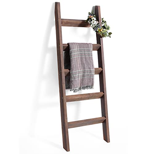 FUIN 5 Ft (58") Wood Decorative Wall Leaning Blanket Ladders Bathroom Storage Quilt Towel Display Rack Shelf Holder Rustic Farmhouse, Brown