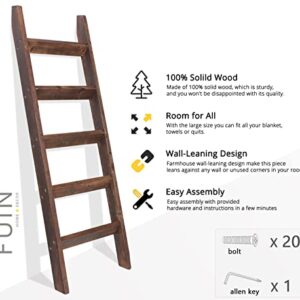 FUIN 5 Ft (58") Wood Decorative Wall Leaning Blanket Ladders Bathroom Storage Quilt Towel Display Rack Shelf Holder Rustic Farmhouse, Brown