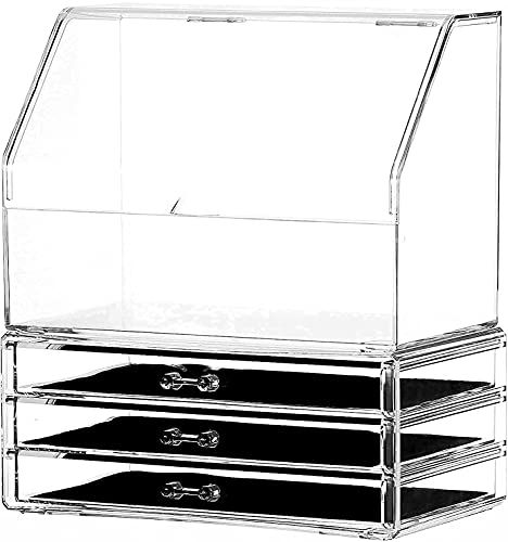 Cq acrylic Cosmetic Display Cases With LId Dustproof Waterproof for Bathroom Countertop Stackable Clear Makeup Organizer and Storage With 3 Drawers,Set of 2