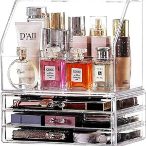 Cq acrylic Cosmetic Display Cases With LId Dustproof Waterproof for Bathroom Countertop Stackable Clear Makeup Organizer and Storage With 3 Drawers,Set of 2